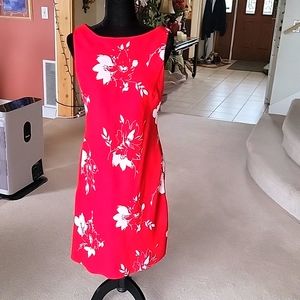 Red and white floral print dress by S.L. Fashions. Size 10.